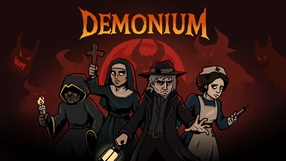 Demonium: Game miniature showing, from left to right, the Cultist, the Nun, the Hunter, and the Nurse beneath the game title. Several demons can be seen in the red, foggy background.