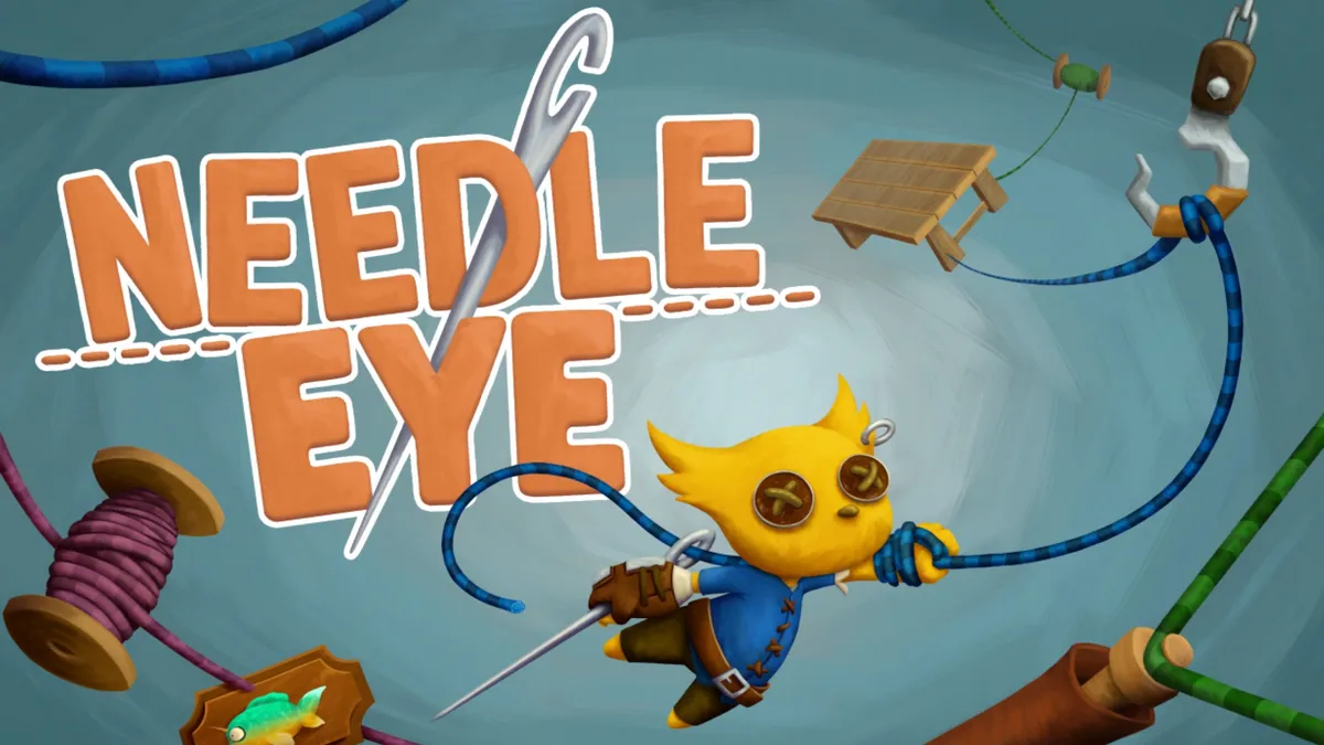 Game miniature showing Merinos, the main character, swinging beneath the game title. Various objects hang in a chaotic arrangement in the background.